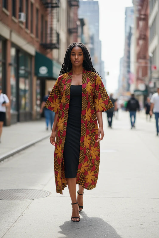 Akosua Hosi, LTD. longline kimono in red and yellow geometric print worn back side