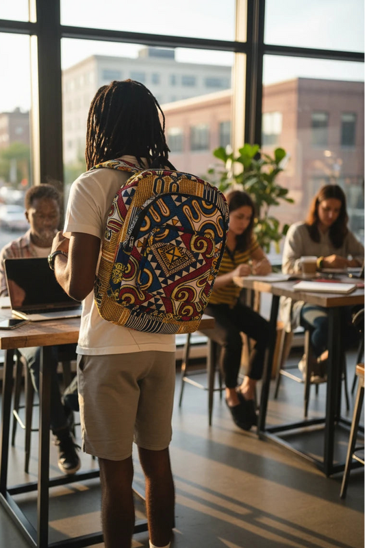 Akosua Hosi, LTD. patterned backpack with vibrant geometric African print worn