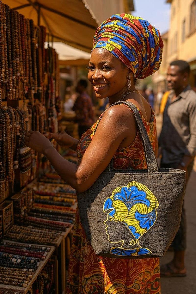 Ghanaian Ankara Blue and Gold Print Canvas Tote Bag – Bold, Stylish & Culturally Inspired