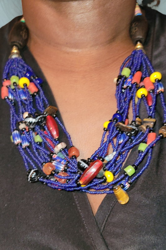 Handmade Ghanaian Multi-Strand Beaded Necklace with Brown Wooden Bead