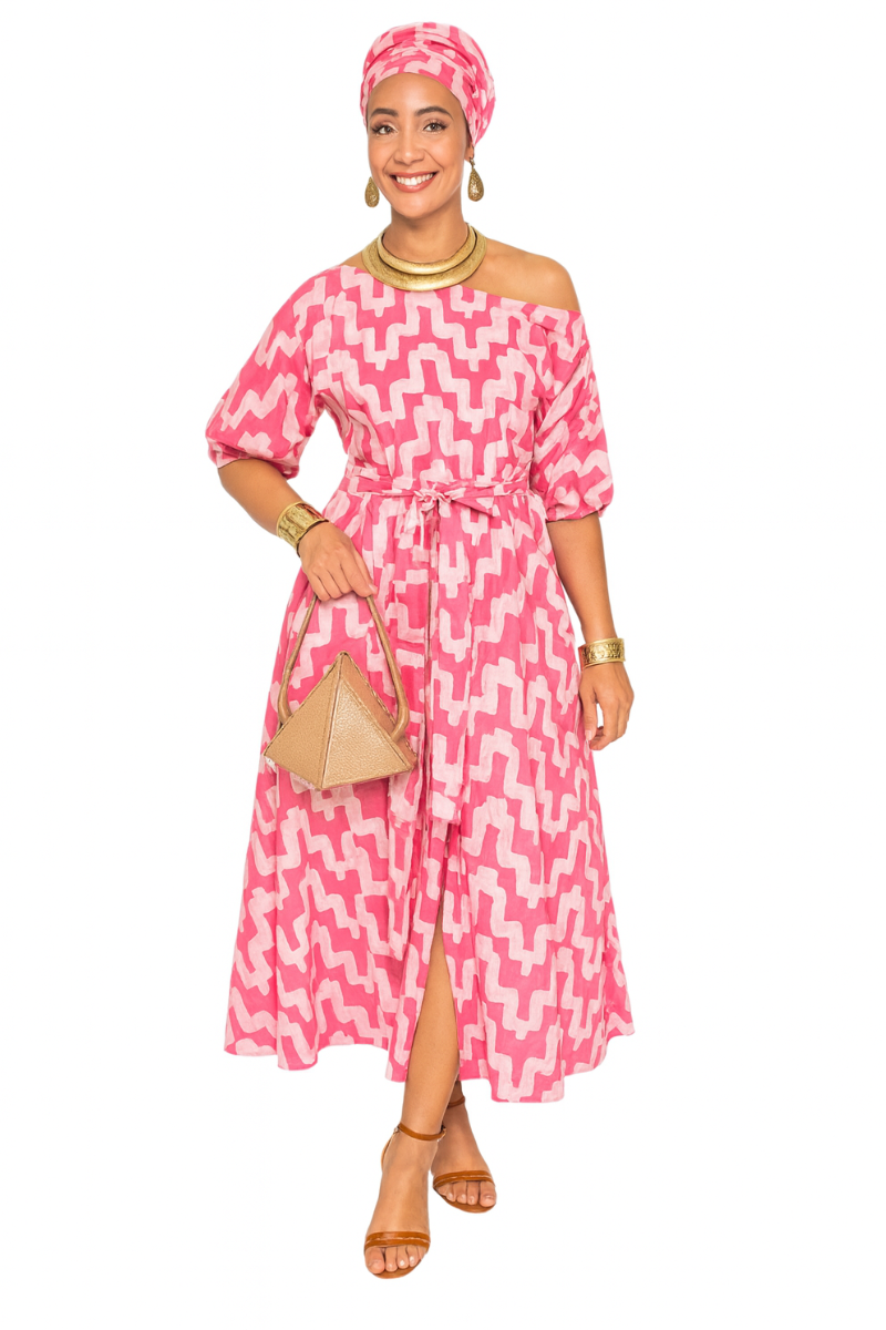 Radiance Pink Batik Off-Shoulder Dress With Rear Zipper