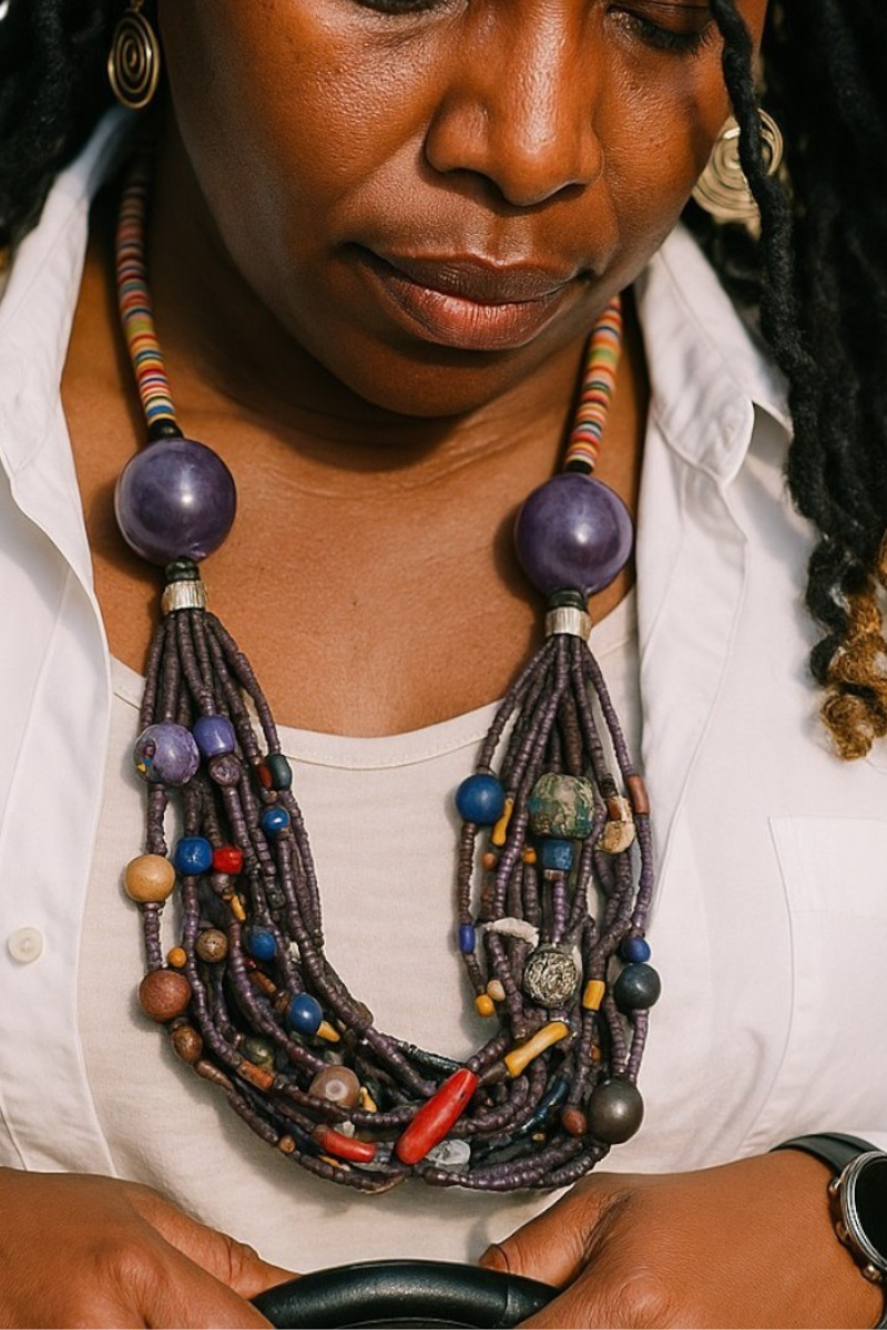 Handmade Ghanaian Multi-Strand Beaded Necklace with Large Purple Glass Beads