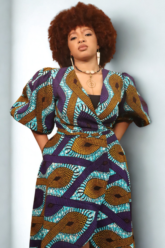 Royal Rhythm Wrap Dress – Ghanaian Elegance in Motion