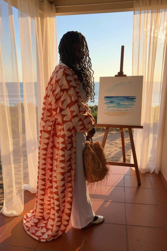 Sunset Elegance – Orange Ghanaian Batik Duster