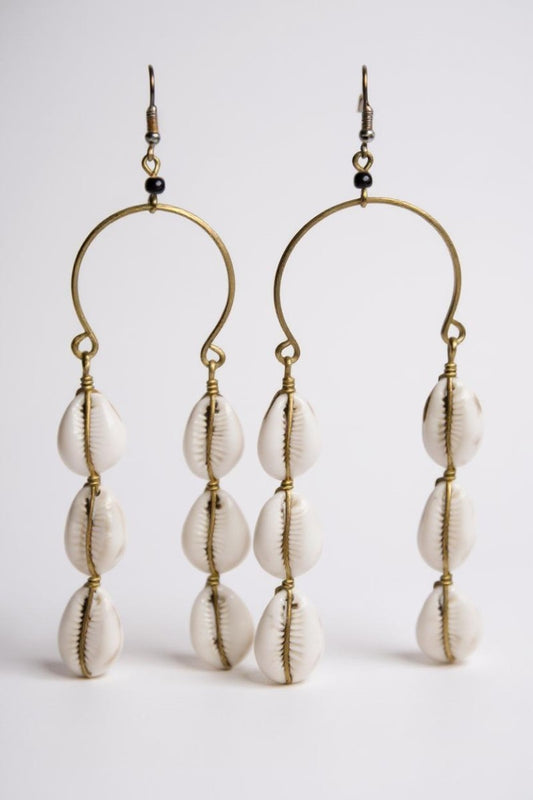 Handmade Kenyan Cowrie Shell Drop Earrings – 3-Tier Dangle Brass Hoops