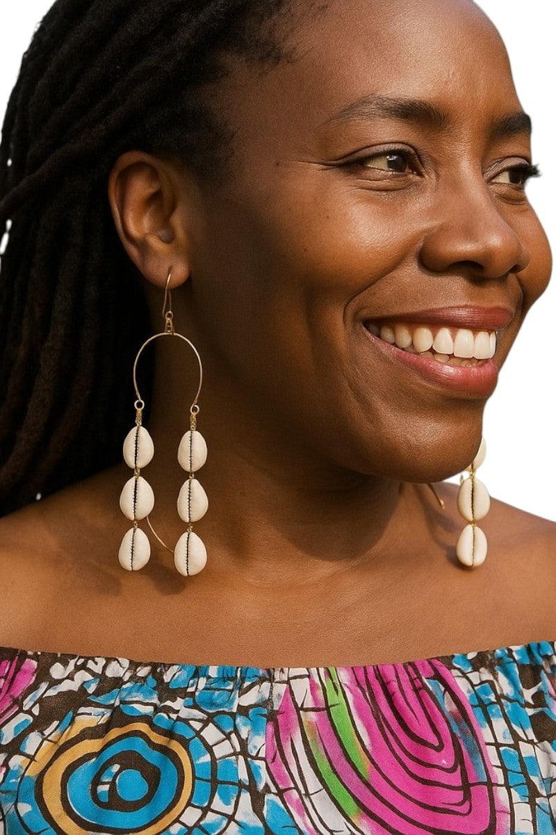 Handmade Kenyan Cowrie Shell Drop Earrings – 3-Tier Dangle Brass