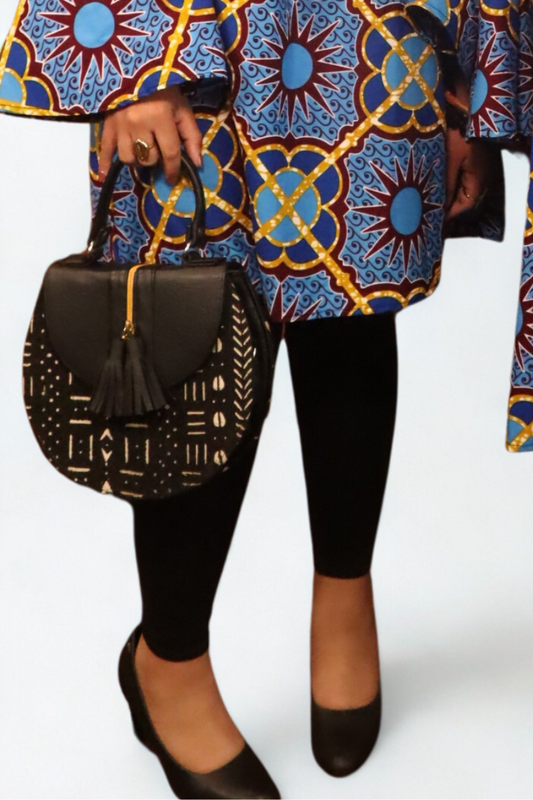 Handmade Ghanaian Black Mud Cloth and Leather Handbag