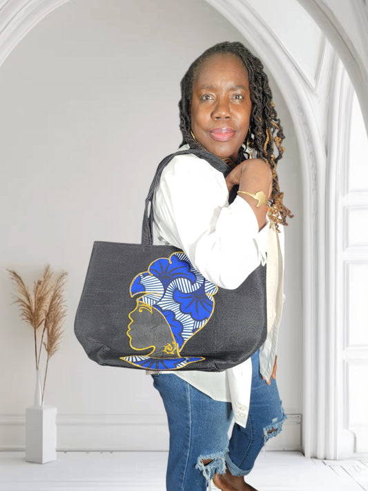 Ghanaian Ankara Blue and White Print Canvas Tote Bag – Bold, Stylish & Culturally Inspired