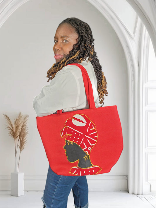 Ghanaian Ankara Red and White Print Canvas Tote Bag – Bold, Stylish & Culturally Inspired