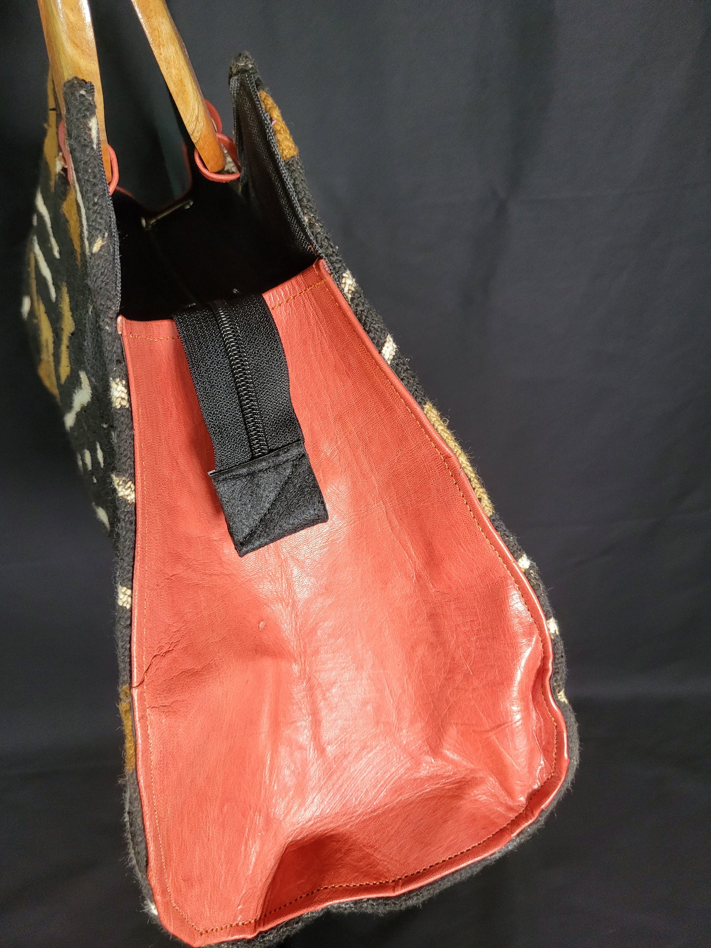 Mud Cloth Handbag with Sankofa Bird Handle in Brown