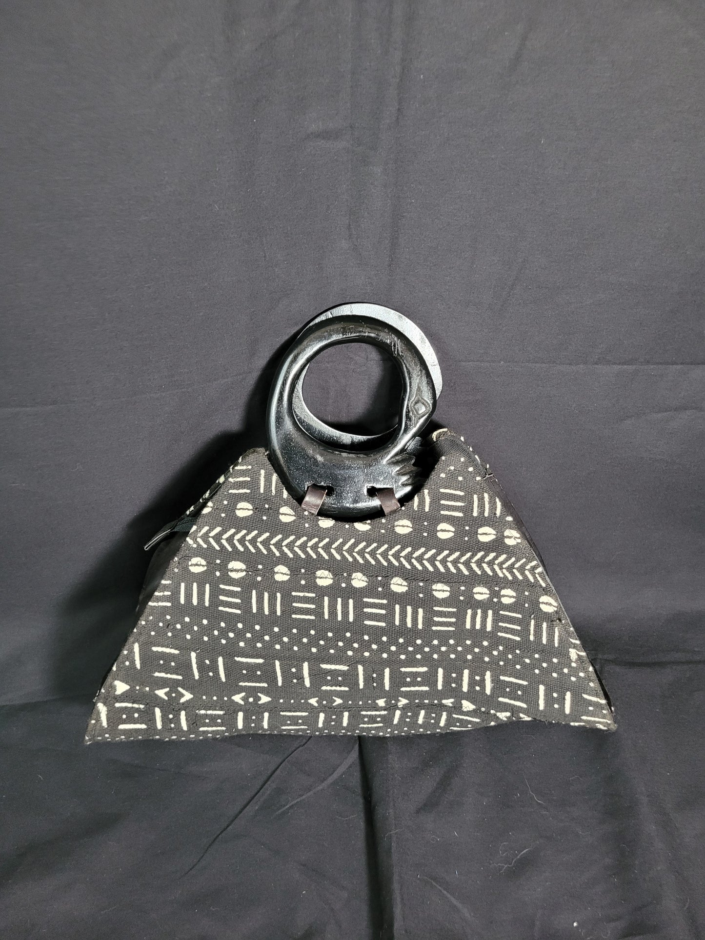 Mud Cloth Handbag with Sankofa Bird Handle in Black