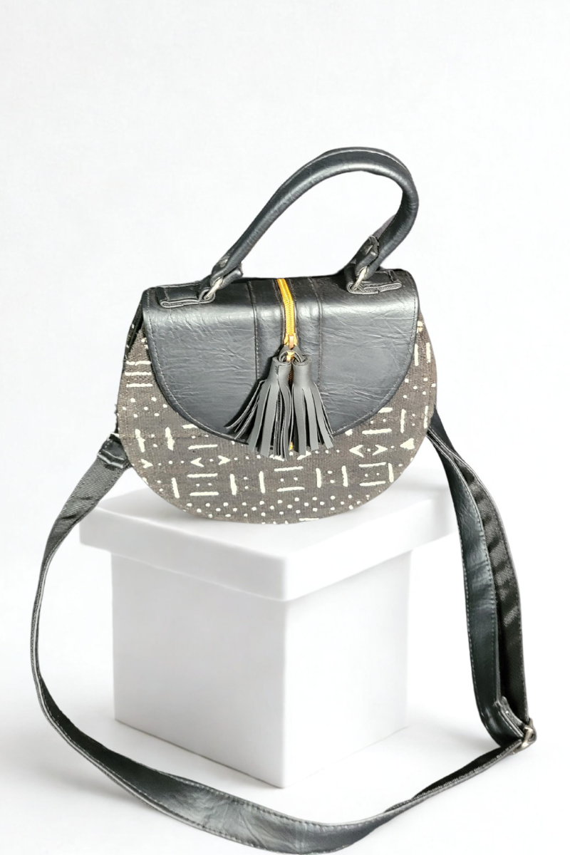 Handmade Ghanaian Black Mud Cloth and Leather Handbag
