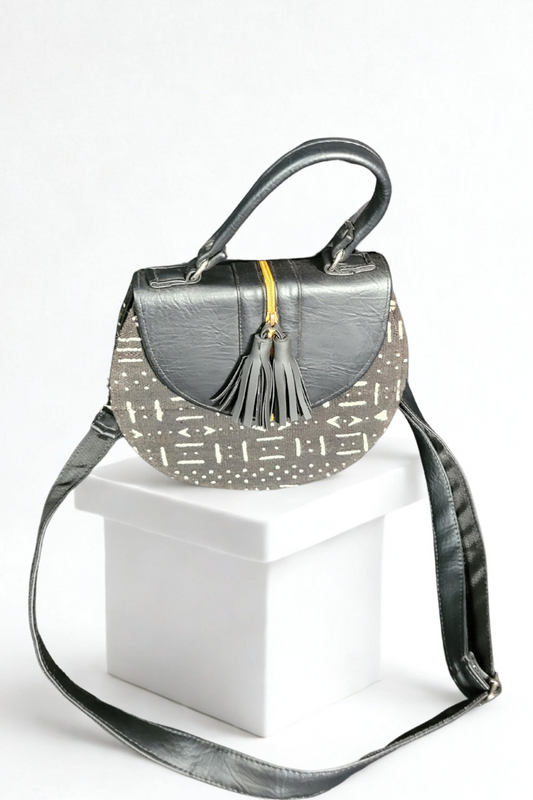Handmade Ghanaian Black Mud Cloth and Leather Handbag