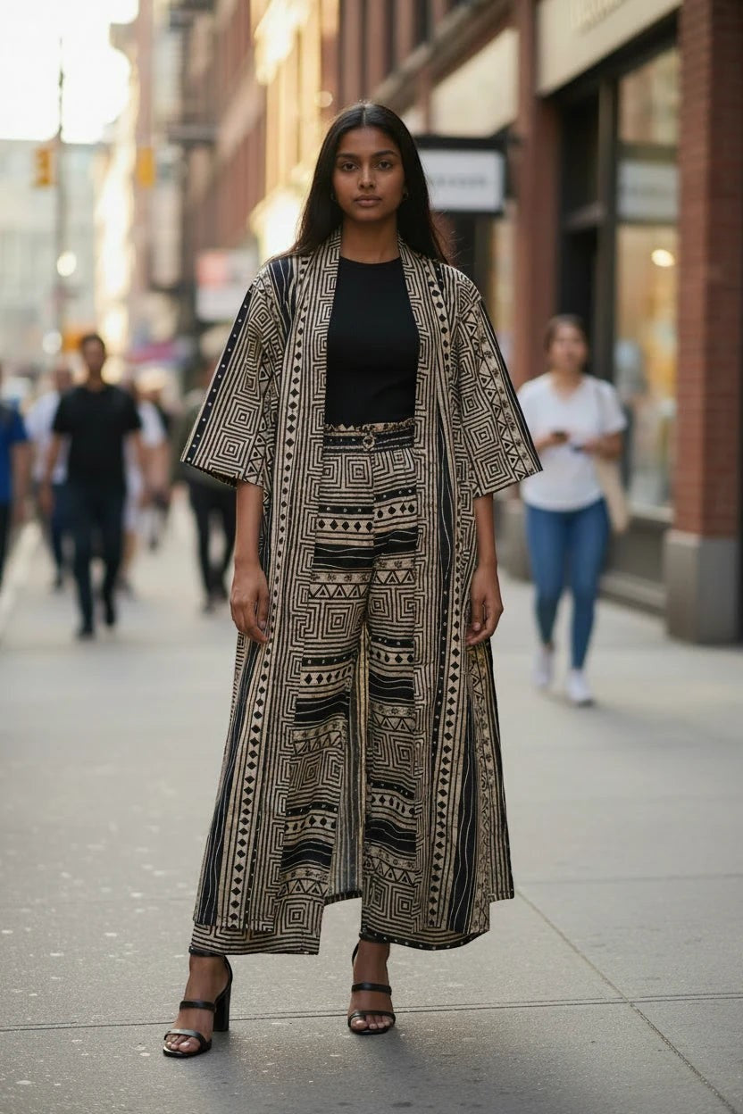 Akosua Hosi, LTD. kimono jacket and wide-leg trouser set with black and beige geometric patterns 