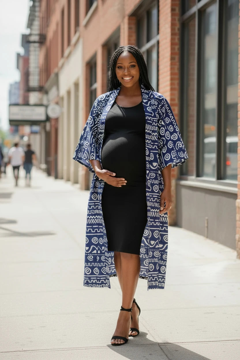 Akosua Hosi, LTD. longline kimono with blue and white geometric print 