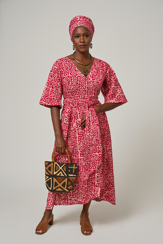 Ghanaian Batik Wrap Dress with Matching Headwrap with Adinkra Symbols