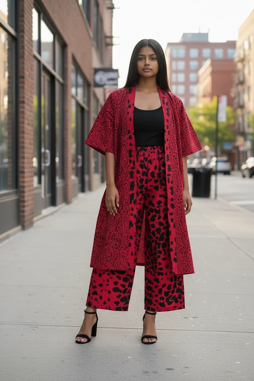 Akosua Hosi, LTD. red and black patterned kimono jacket and wide-leg trouser set 