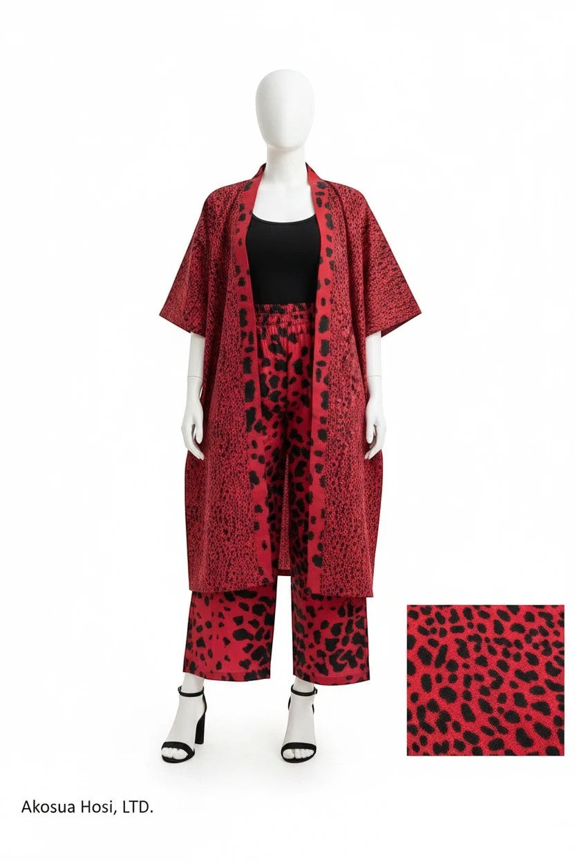 Akosua Hosi, LTD. red and black animal print kimono jacket and matching wide-leg trouser set 