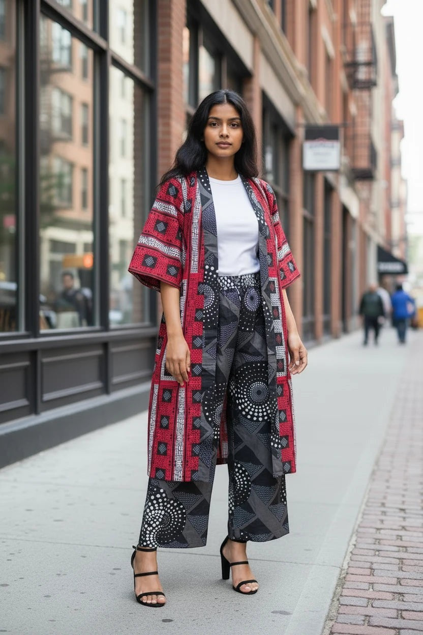 Akosua Hosi, LTD. kimono jacket and wide-leg trousers set with red and black geometric patterns 