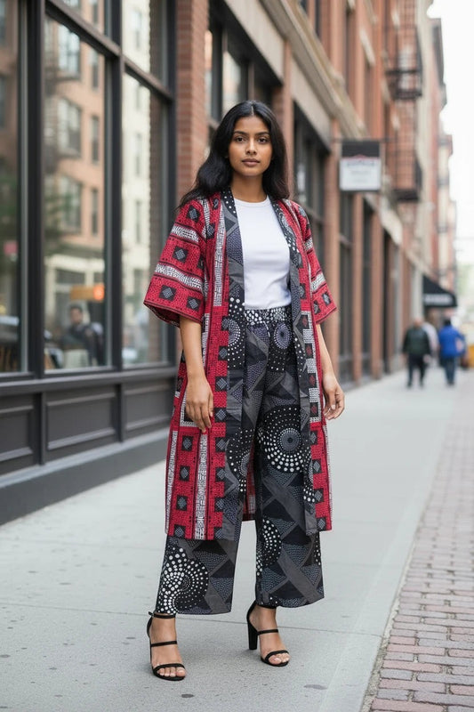 Akosua Hosi, LTD. kimono jacket and wide-leg trousers set with red and black geometric patterns 