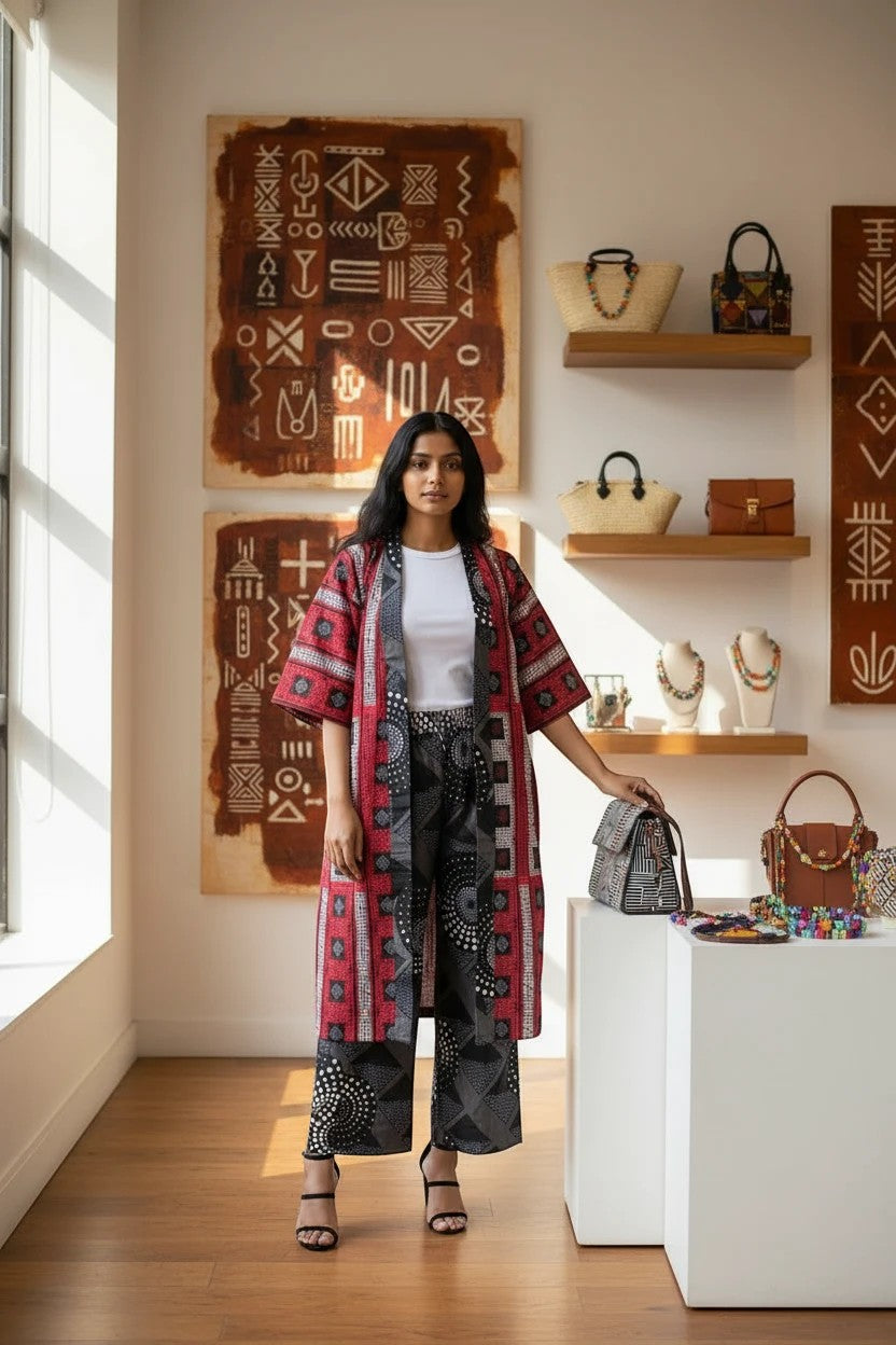 Model wearing an Akosua Hosi, LTD. kimono jacket and wide-leg trousers with red and black geometric patterns.