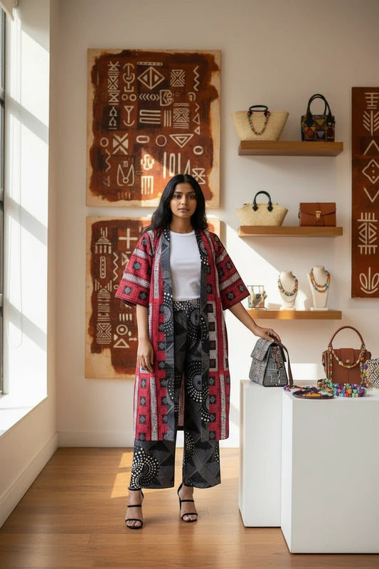 Model wearing an Akosua Hosi, LTD. kimono jacket and wide-leg trousers with red and black geometric patterns.