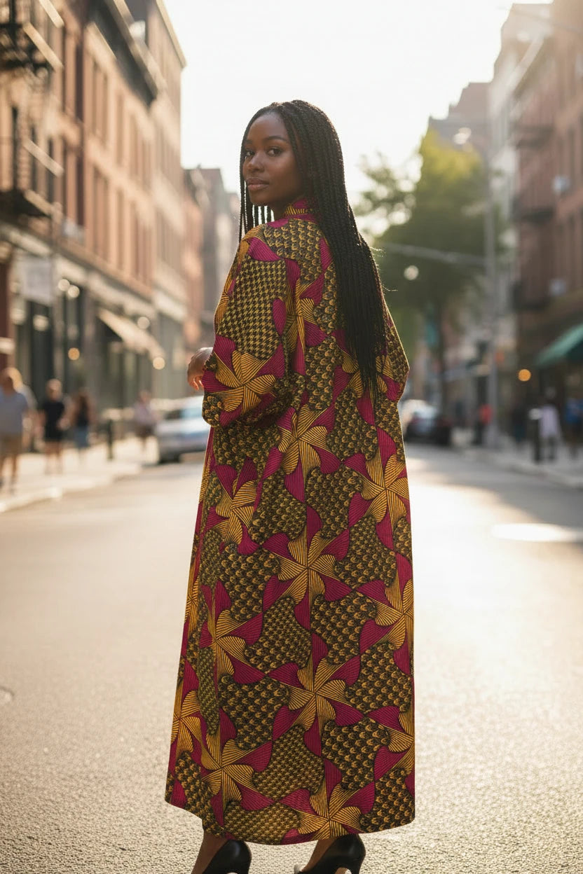 Akosua Hosi, LTD. longline kimono in a vibrant yellow and magenta geometric print 