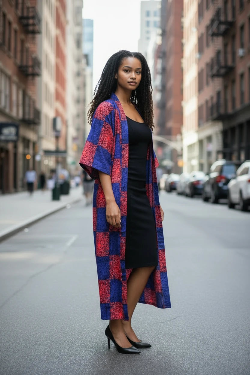 Model wearing an Akosua Hosi, LTD. longline kimono with a blue and red checkered pattern 