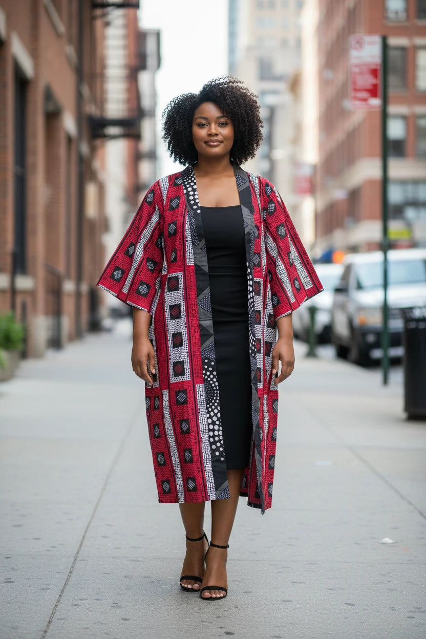 Akosua Hosi, LTD. longline kimono in red and black geometric print worn over a black midi dress on a city street.