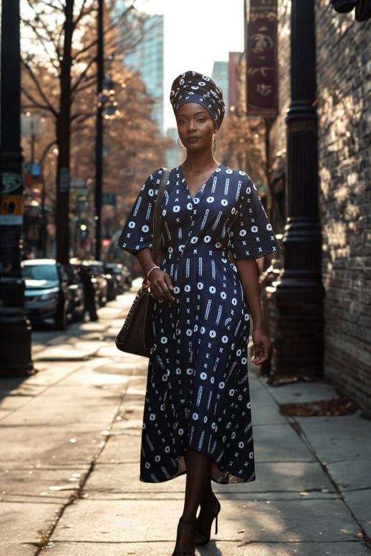Ghanaian Indigo Print Wrap Dress with Matching Headwrap – Handmade African Fashion