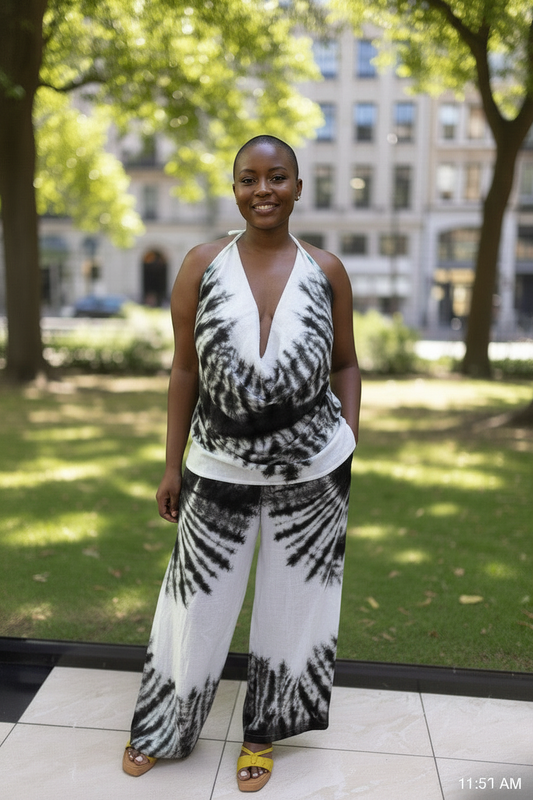Akosua Hosi, LTD. model wearing a black and white cotton batik halter top and wide-leg pants in a park setting.