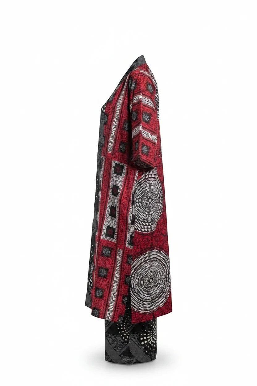 Akosua Hosi, LTD. red and black geometric print kimono jacket and matching wide-leg trousers side view