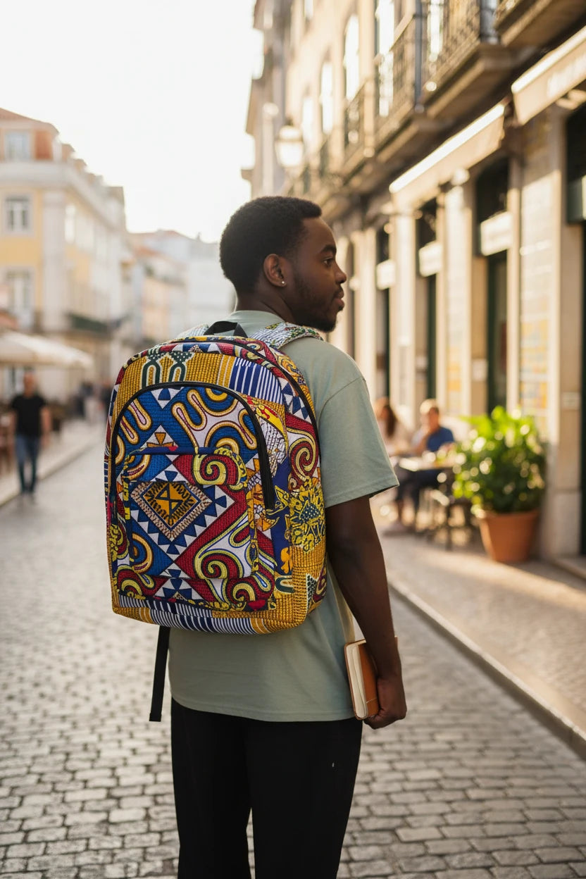 Akosua Hosi, LTD. patterned backpack with vibrant geometric African print 