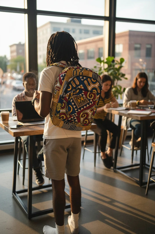 Akosua Hosi, LTD. patterned backpack with vibrant geometric African print worn 