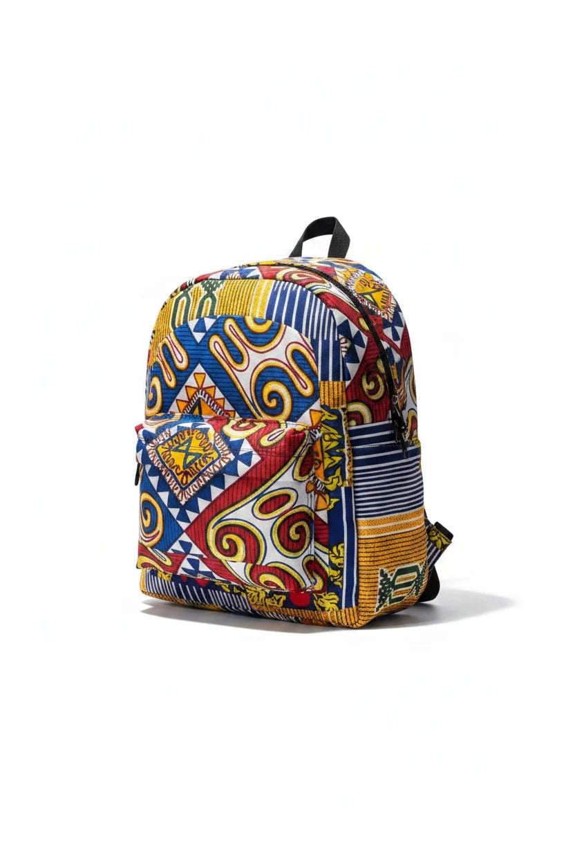 Akosua Hosi, LTD. everyday backpack featuring a vibrant multi-colored geometric African textile print and front pocket