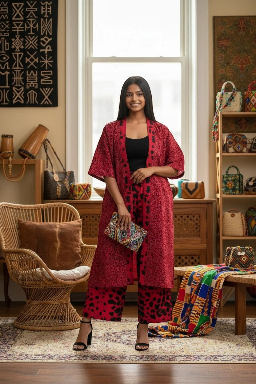 Akosua Hosi, LTD. model wearing a red and black patterned kimono jacket and matching wide-leg trousers with heels.