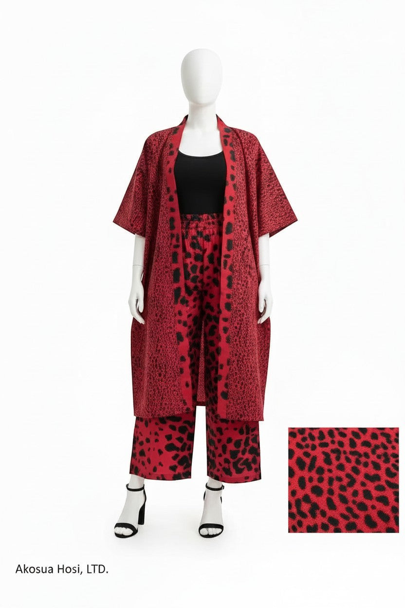 Akosua Hosi, LTD. red and black leopard print kimono jacket and wide-leg trouser set on a mannequin.