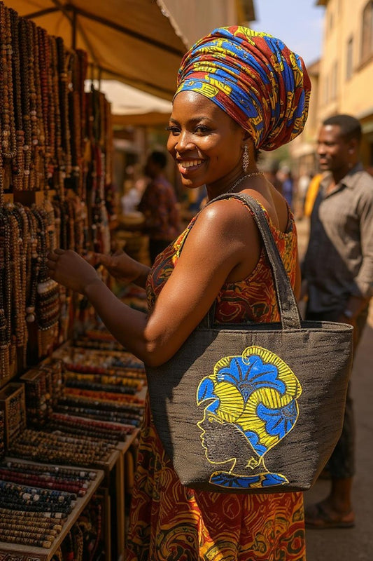 Ghanaian Ankara Blue and Gold Print Canvas Tote Bag – Bold, Stylish & Culturally Inspired