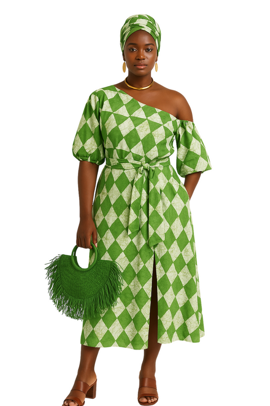 Emerald Grace One Shoulder Batik Dress With Rear Zipper