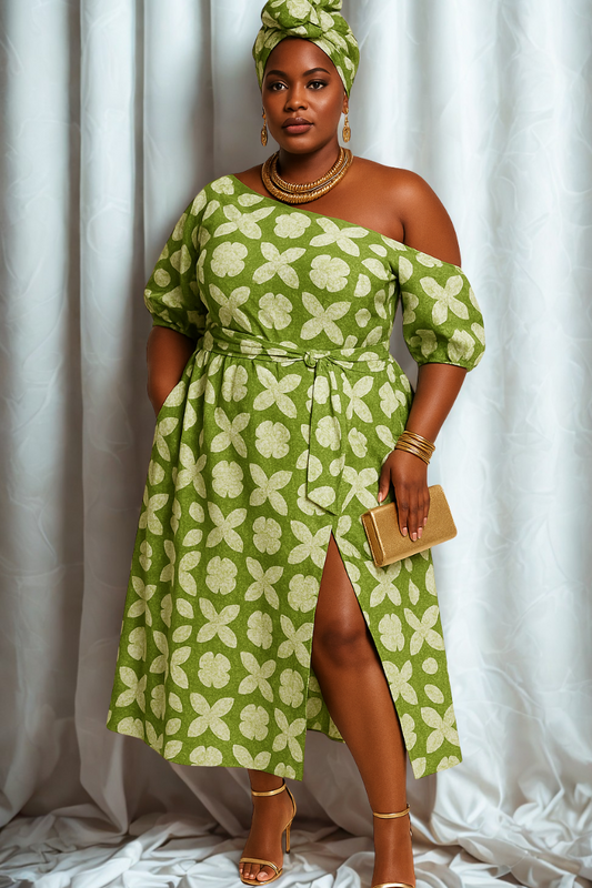 Emerald Elegance One-Shoulder Batik Dress With Rear Zipper