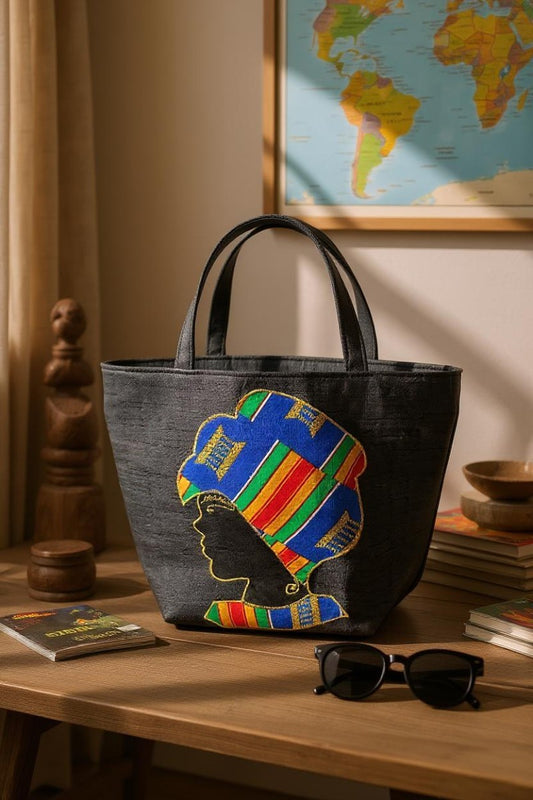 Ghanaian Black and Kente Print Canvas Tote Bag – Bold, Stylish & Culturally Inspired