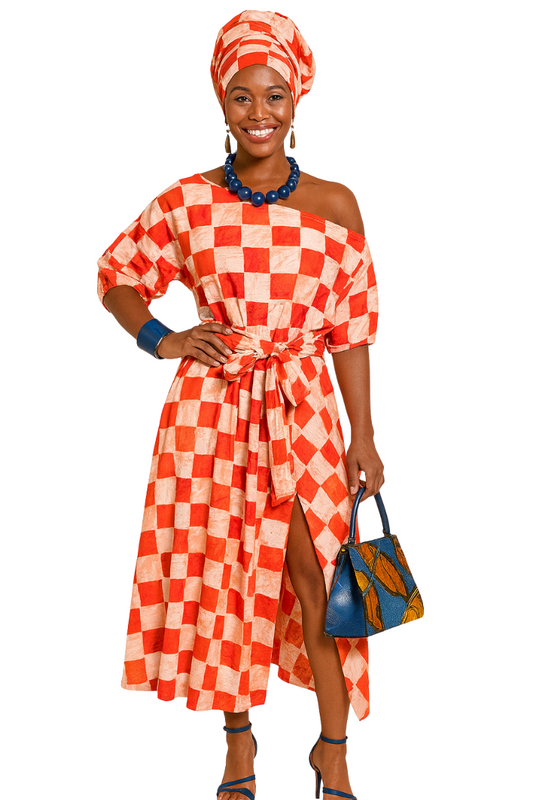 Orange & White Checker African Batik Dress With Rear Zipper