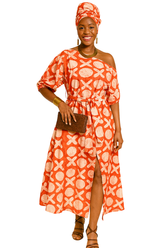 African Batik Off-Shoulder Dress with Rear Zipper