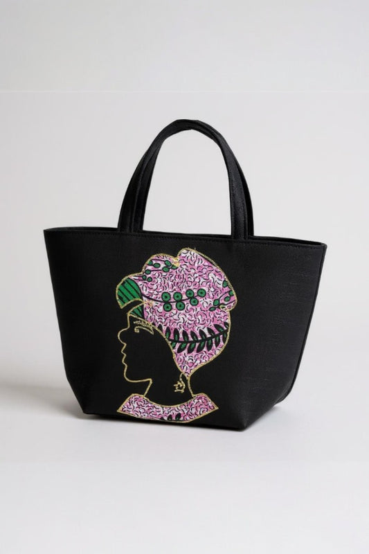 Handmade Ghanaian Tote Bag - Pink and Green Ankara Print Silhouette