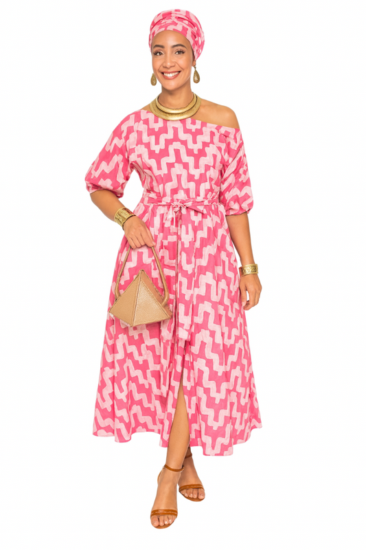 Radiance Pink Batik Off-Shoulder Dress With Rear Zipper