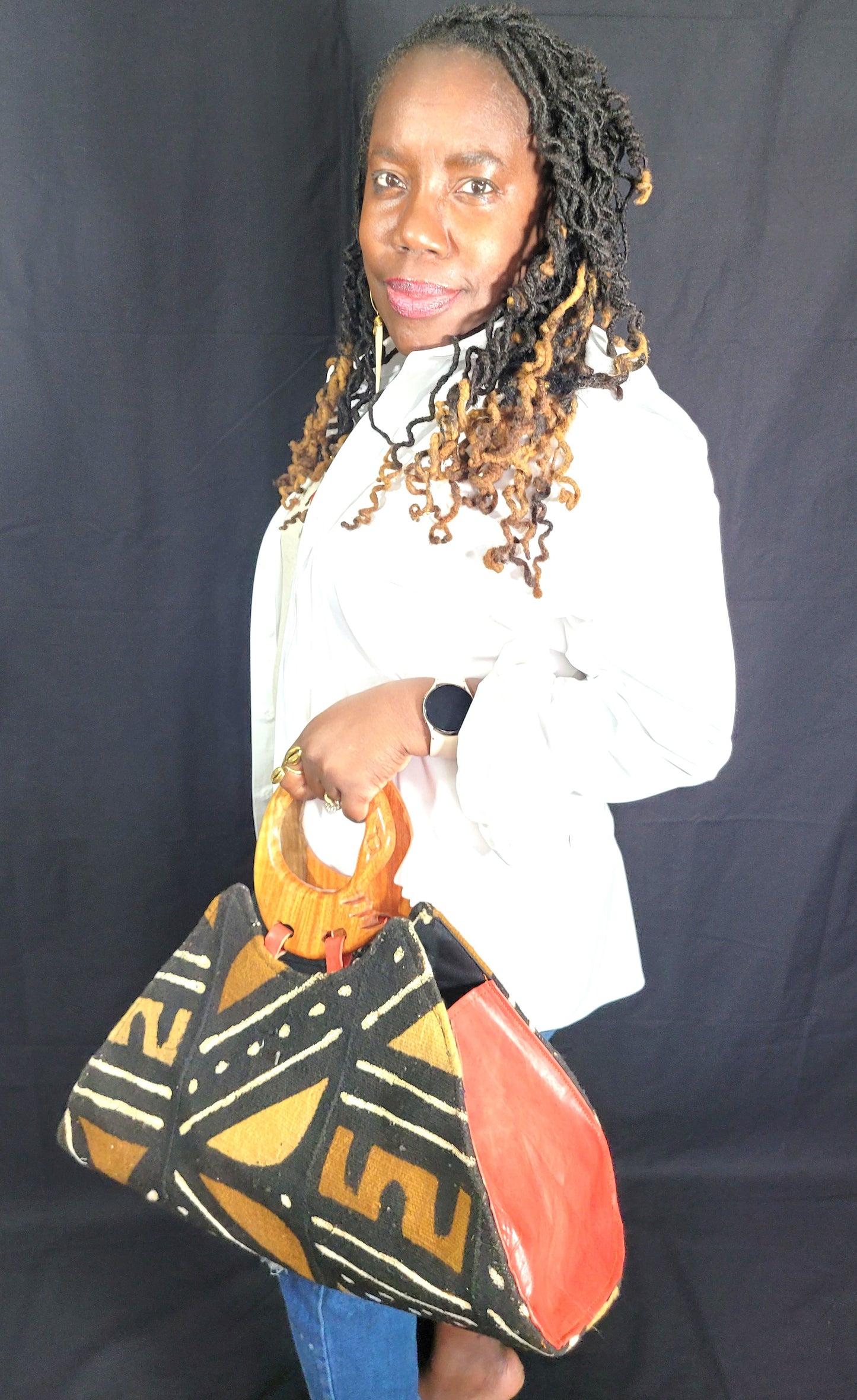 Mud Cloth Handbag with Sankofa Bird Handle in Brown