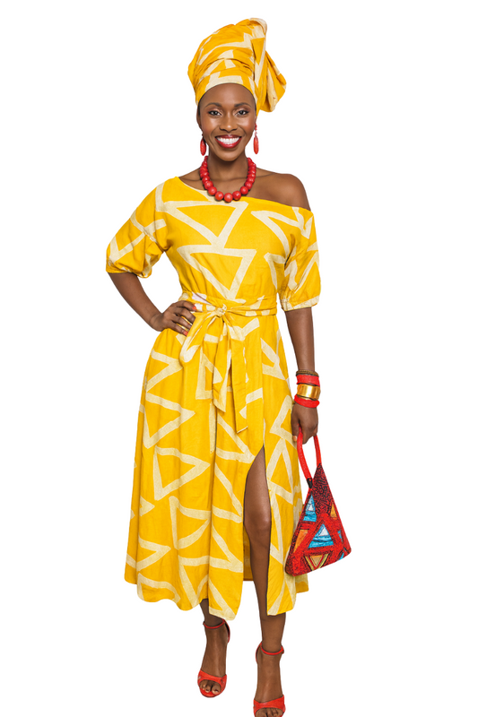 Golden Sunrise Asymmetrical Off-Shoulder Ankara Dress With Rear Zipper