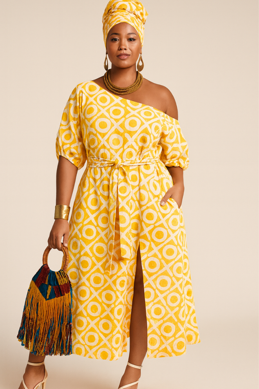 Sunburst Geo One-Shoulder Batik Dress With Rear Zipper